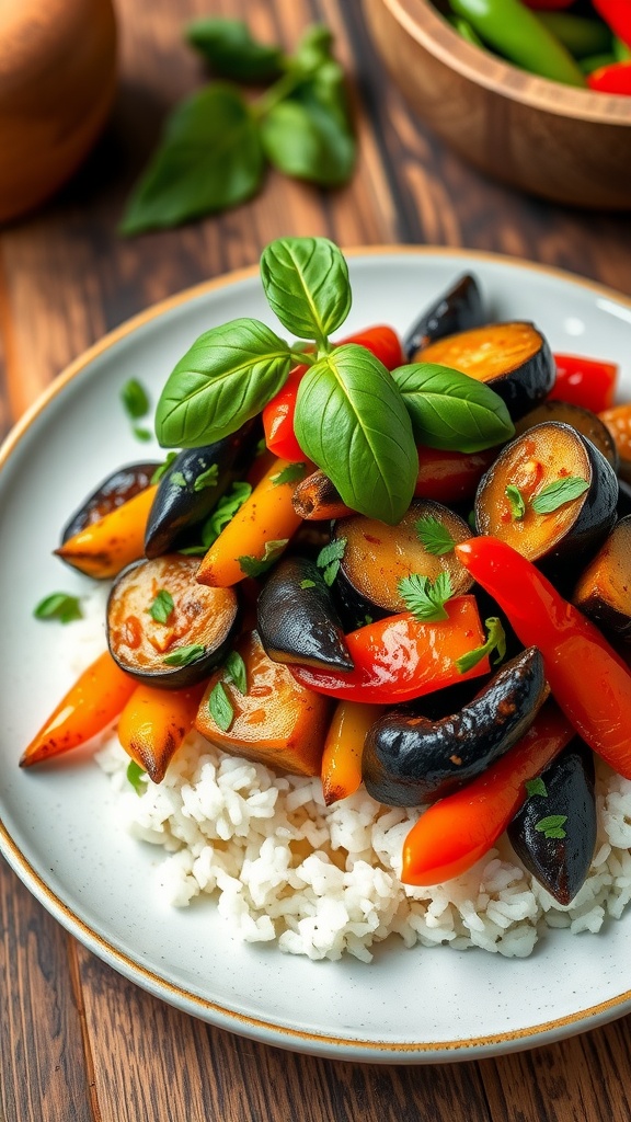 A colorful vegan eggplant stir-fry with bell peppers and rice, garnished with basil on a rustic plate.